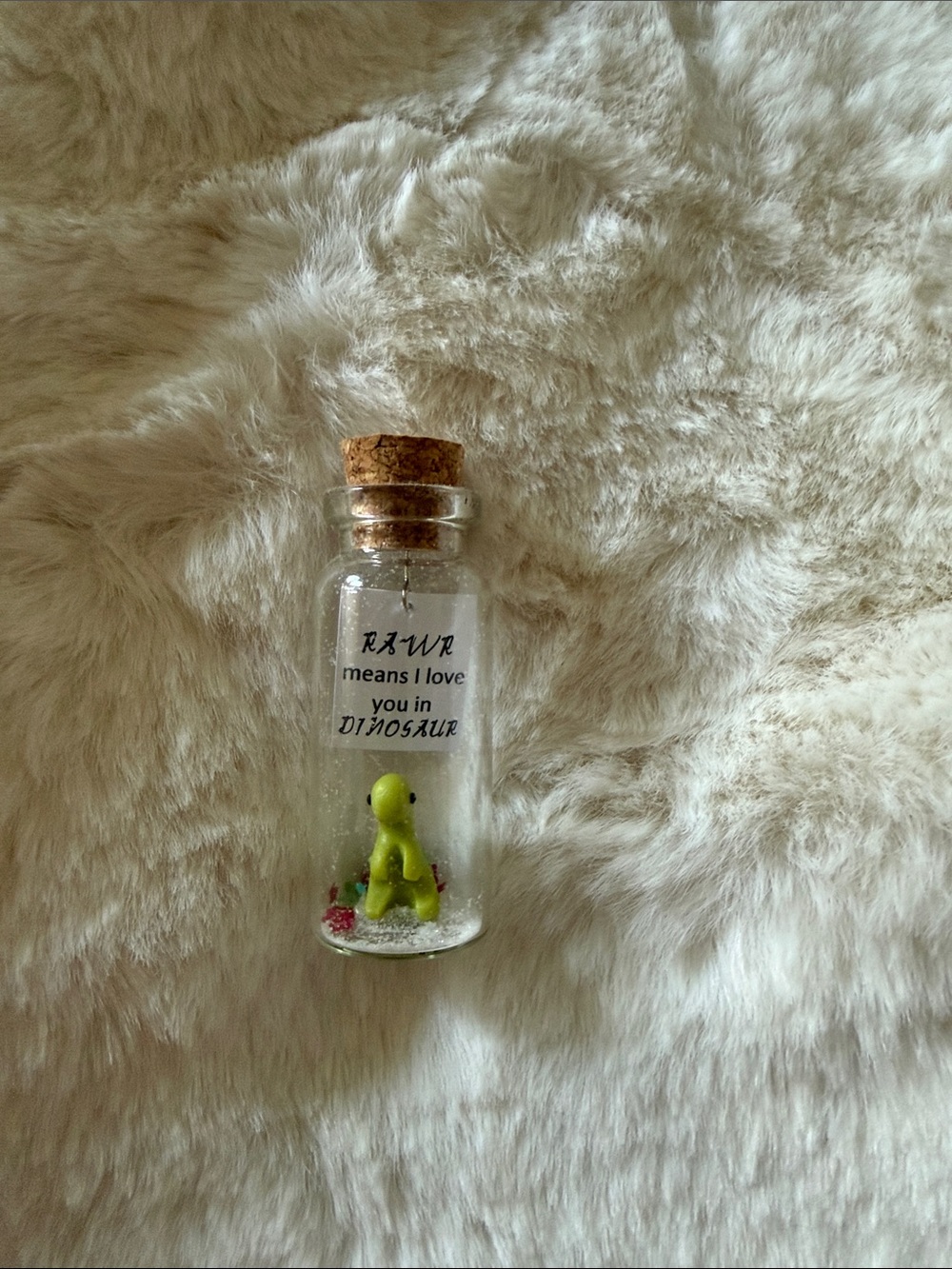 Glass Message Bottle with Green Dinosaur Figurine - Cute dinosaur Gift
